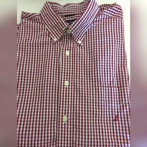 Nautica Men's XXL Short Sleeve Button Up Collard Shirt Maroon White Check-291